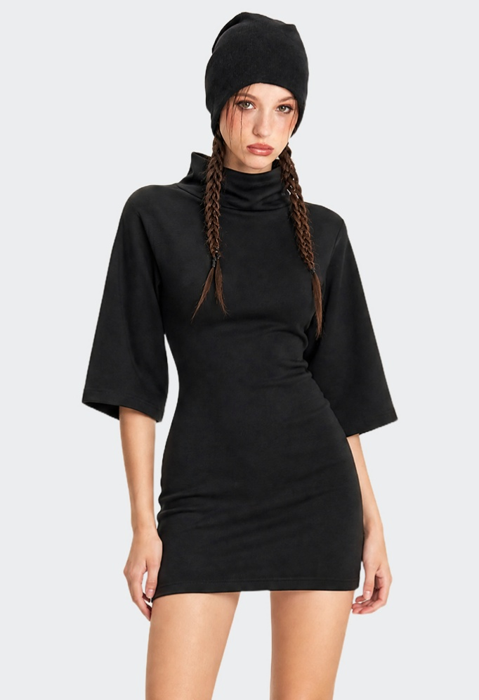 Vestido Mini Casual de Trabalho com Gola Alta, Manga Três Quartos e Ajuste Justo para Mulheres com Logo Personalizado
