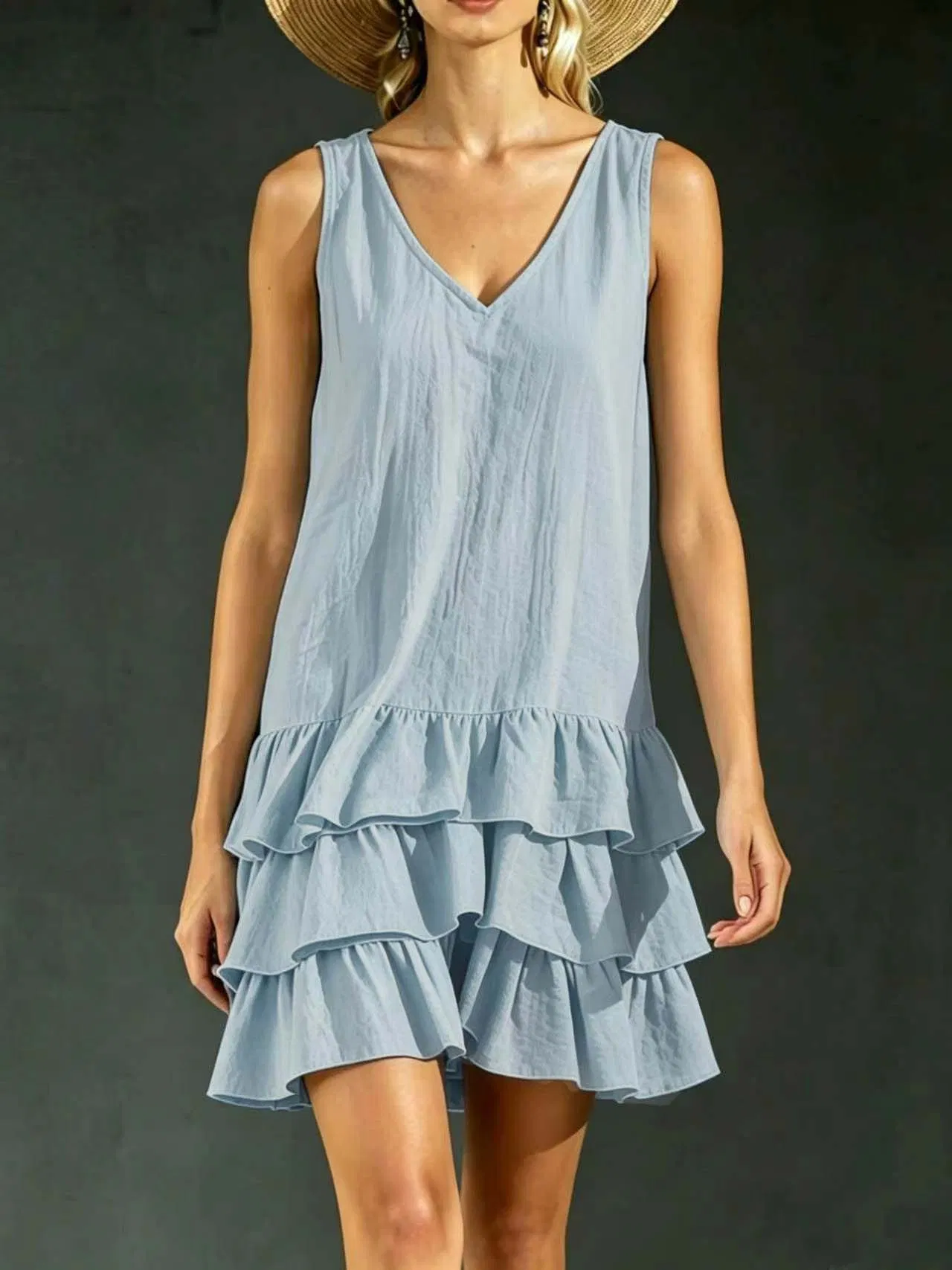Vestido Mini Sem Mangas com Decote em V, Camadas de Renda, Vestido Casual em Linho para o Verão