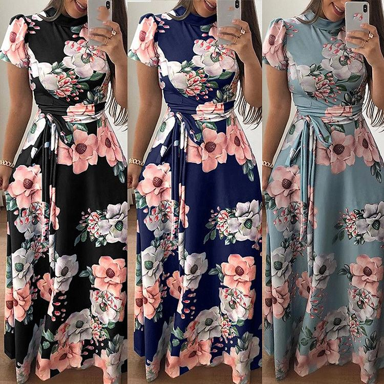 Fabricante de Roupas OEM Conjunto de Saia Longa Casual Feminina de Verão Estampada Floral Boho Vestido Maxi de Gola Alta Bandagem Vestidos Elegantes