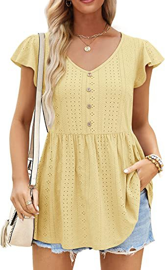 2023 Vestido Curto Casual Slim com Decote em V, Botões e Renda, T-Shirt Longa de Algodão Solta para o Verão, Tricô Jacquard para Mulheres