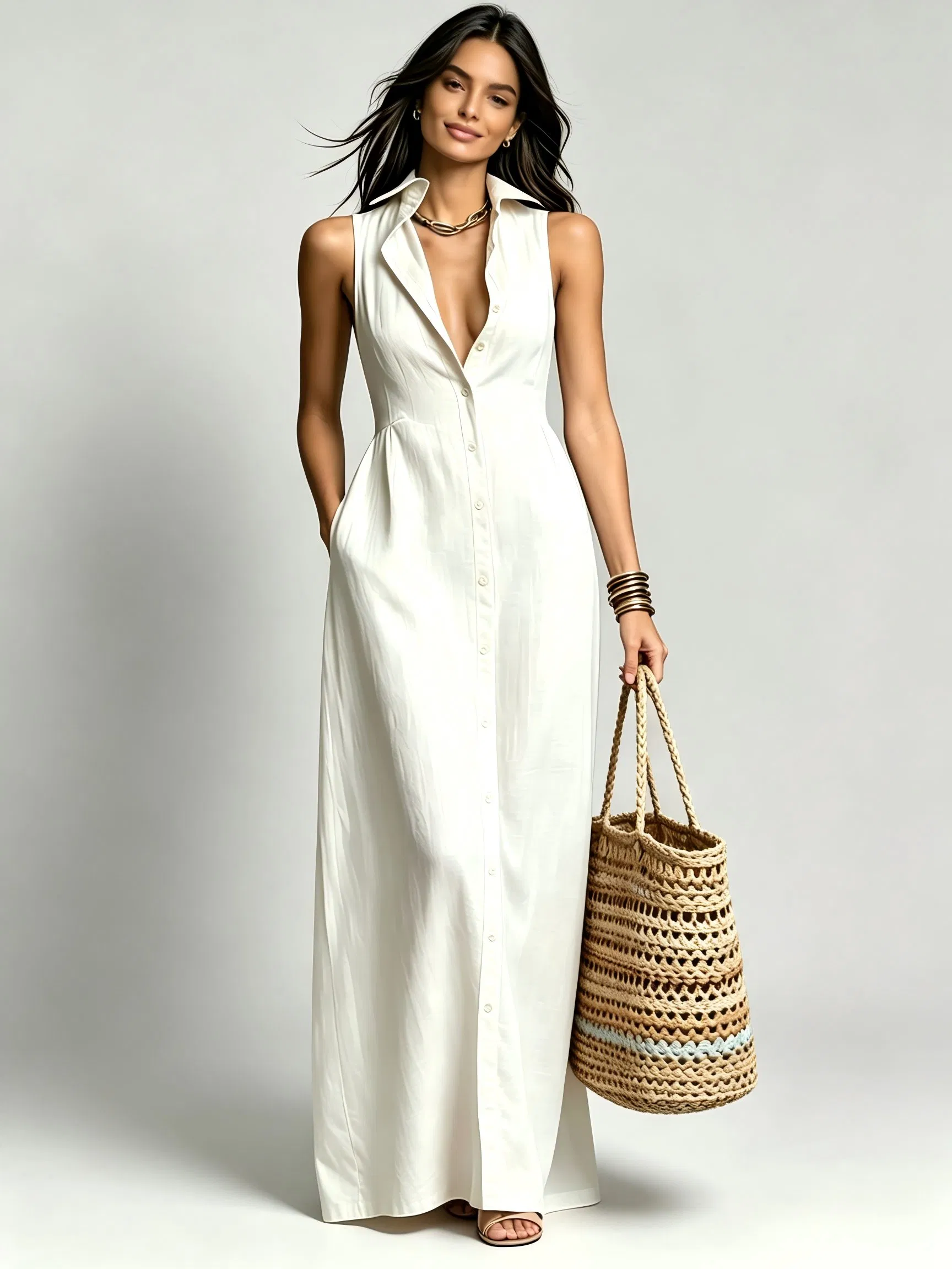 Vestido midi casual sem mangas com lapela e botões, em cor sólida, com bolsos
