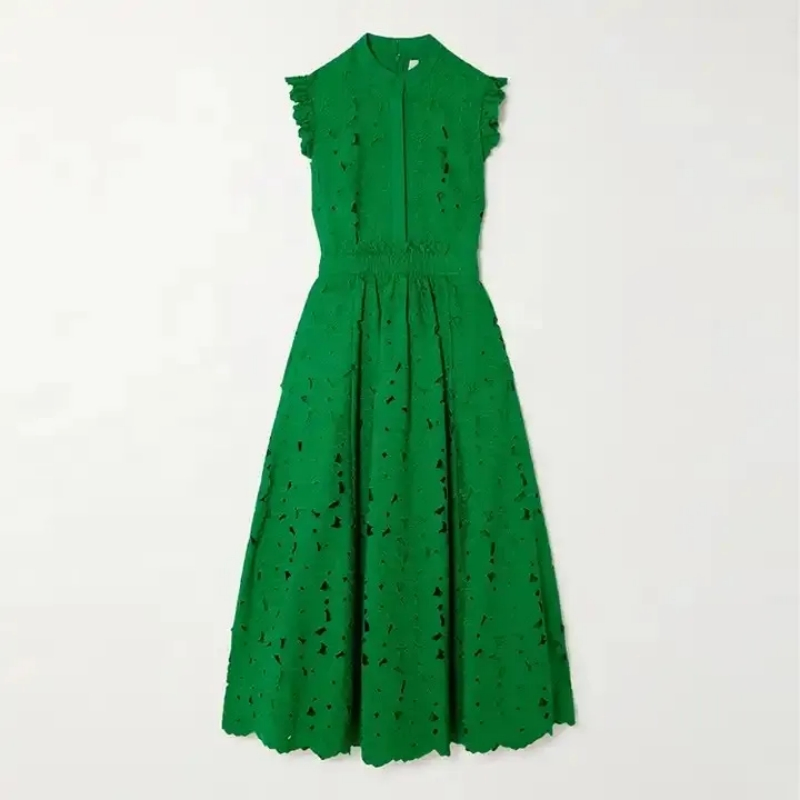 Fabricante Atacadista Vestido Midi Casual Elegante Sem Mangas de Algodão com Renda Verde Personalizado para Mulheres na Primavera Verão