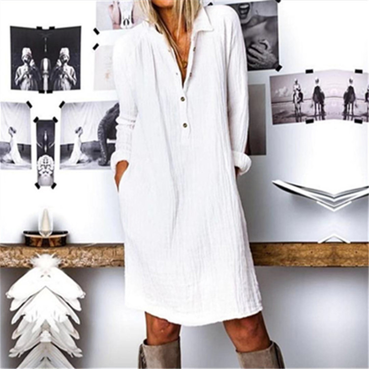 Estilo Quente Primavera Outono Roupas Femininas Novo Vendido Quente Vestido Casual de Algodão Linho com Manga Longa e Lapela com Botão Cor Sólida Europeia