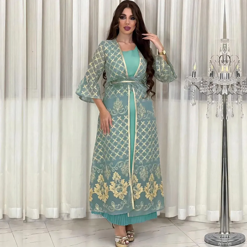 Vestido de algodão impresso muçulmano casual e fashionável, respirável e tingido liso