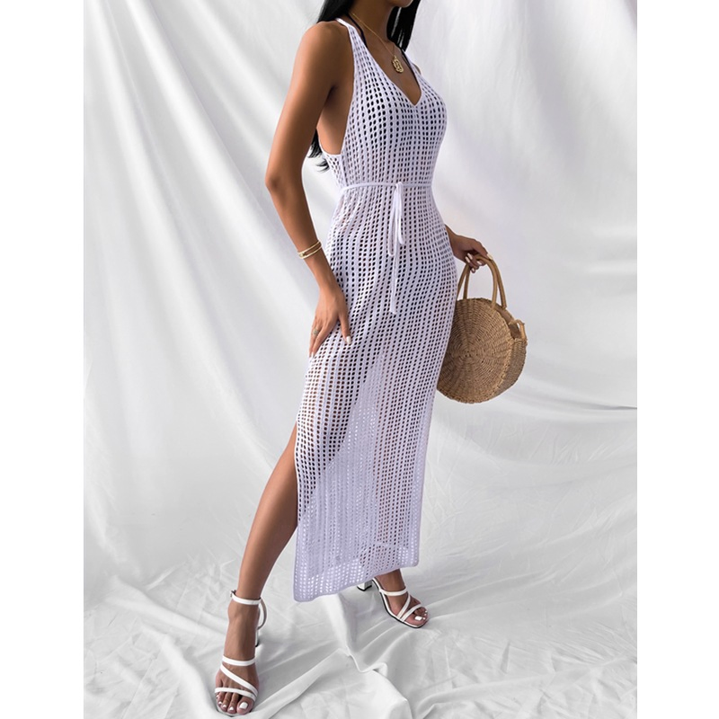 Vestido de Praia Tricotado Longo Ocasional Solto para Mulheres com Recortes Hollow-out de Verão