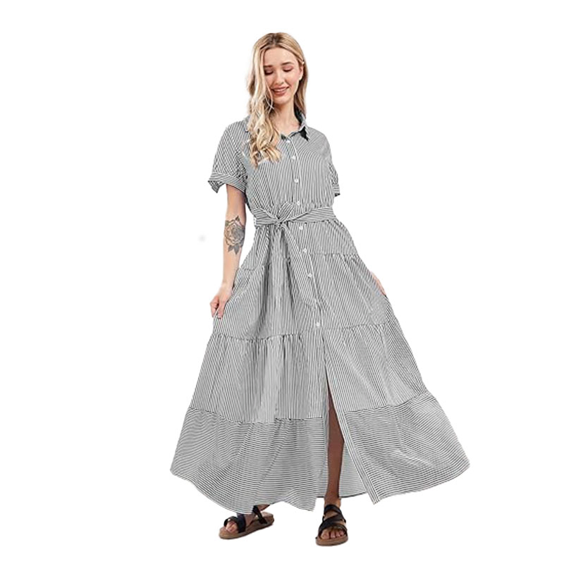 Vestido Blusa Listrada de Manga Longa com Botões na Cintura e Renda para Mulheres