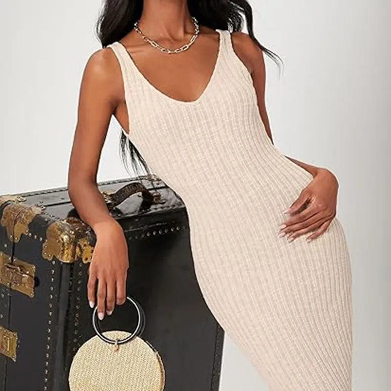 Vestido Midi Justo Feminino Sexy em Malha Canelada com Decote em V Casual Sem Mangas