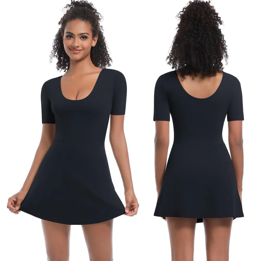 Vestido Mini de Verão com Decote U, Manga Curta, para Treino e Viagem, Saia de Pickleball, Secagem Rápida, Vestido Atlético de Tênis e Golfe com Sutiã e Calções Embutidos para Mulher