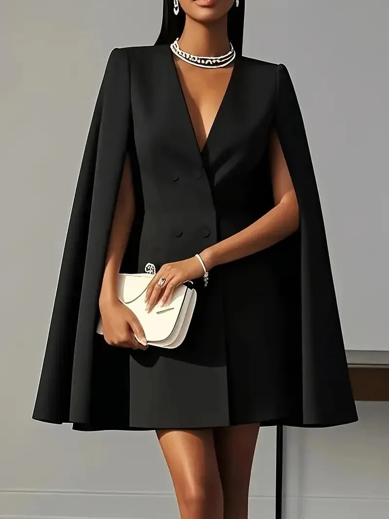 Vestido de Blazer Sólido para Mulheres, Comutador, Escritório, Dupla Frente, Cintura, Festa, Elegante, Decote em V, Manga de Capa, Roupas Femininas, Vestido Casual MIDI