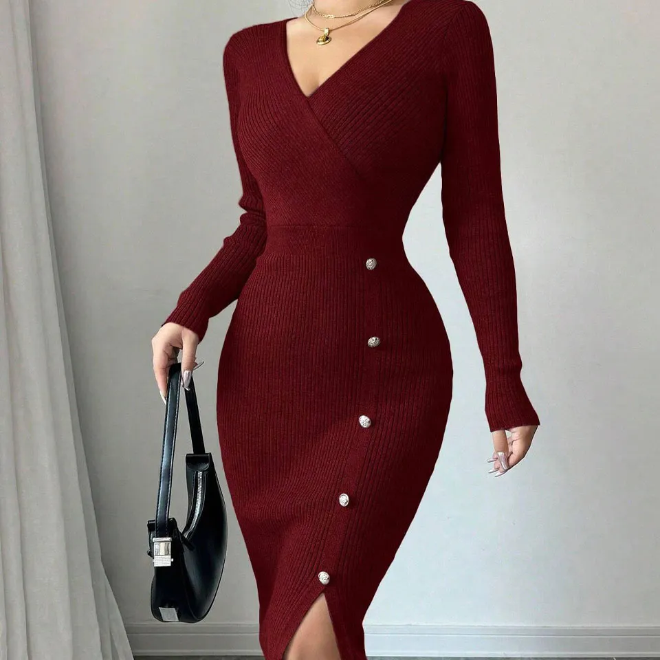 Vestido midi casual de malha com cintura natural em A francesa, com camada inferior justa e envoltório de quadril