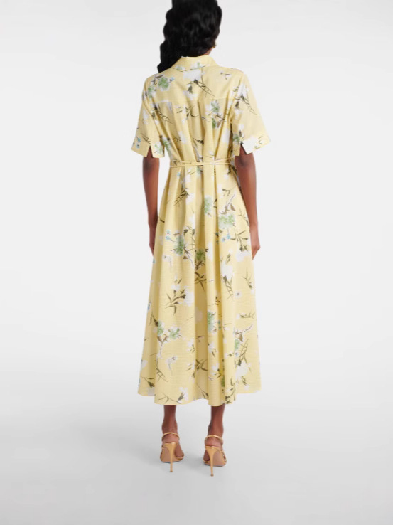 Vestido Midi Camisa Floral Amarelo para Mulheres com Mangas Curtas e Cinto Amarrado Casual para o Verão