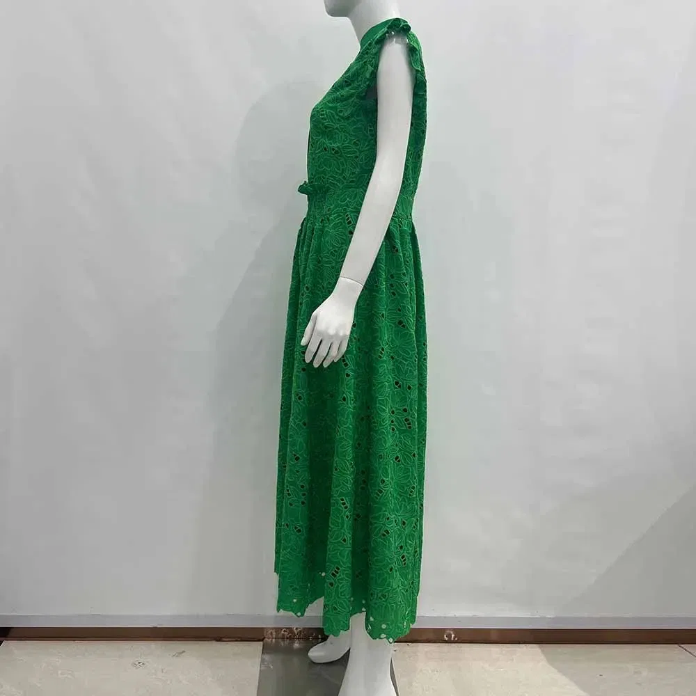 Fabricante Atacadista Vestido Midi Casual Elegante Sem Mangas de Algodão com Renda Verde Personalizado para Mulheres na Primavera Verão