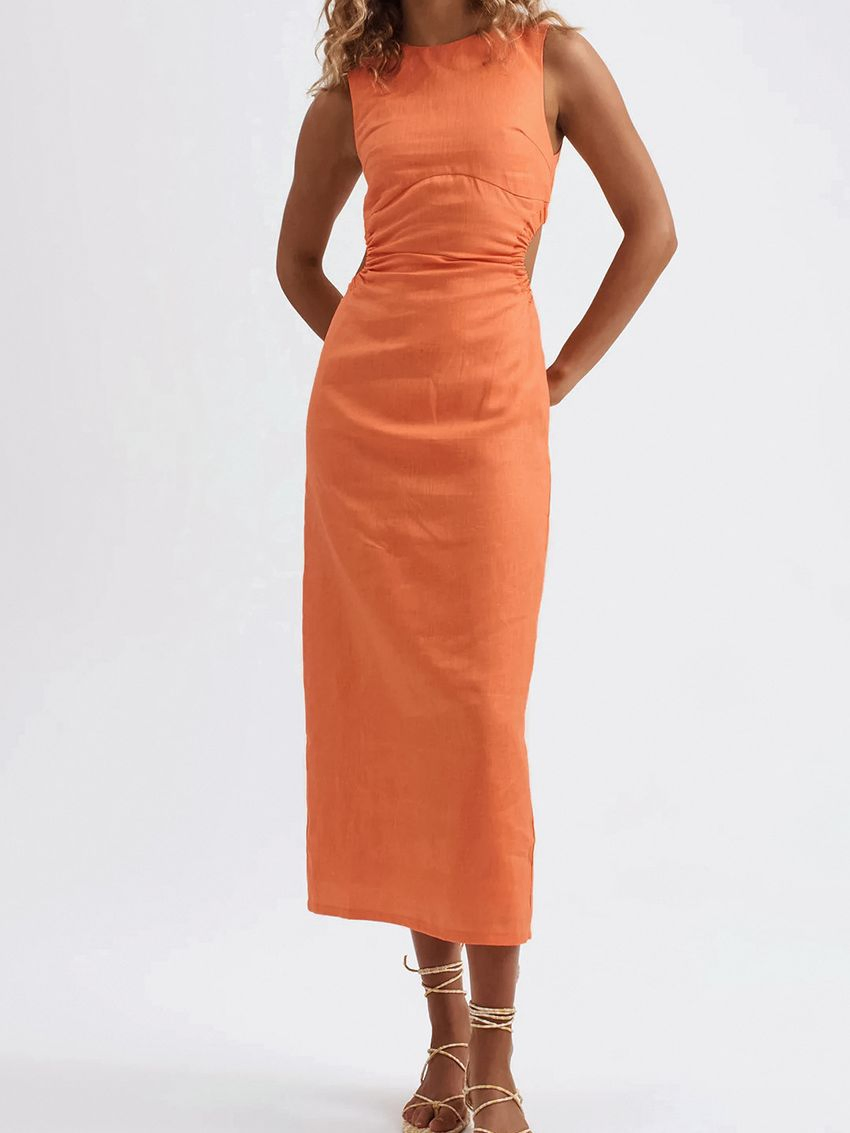 Vestido Midi Justo Sem Mangas com Alças para Mulheres, Costura Franzida, Costas Cortadas, Elegante, Casual, para Férias, Vestido Longo de Verão