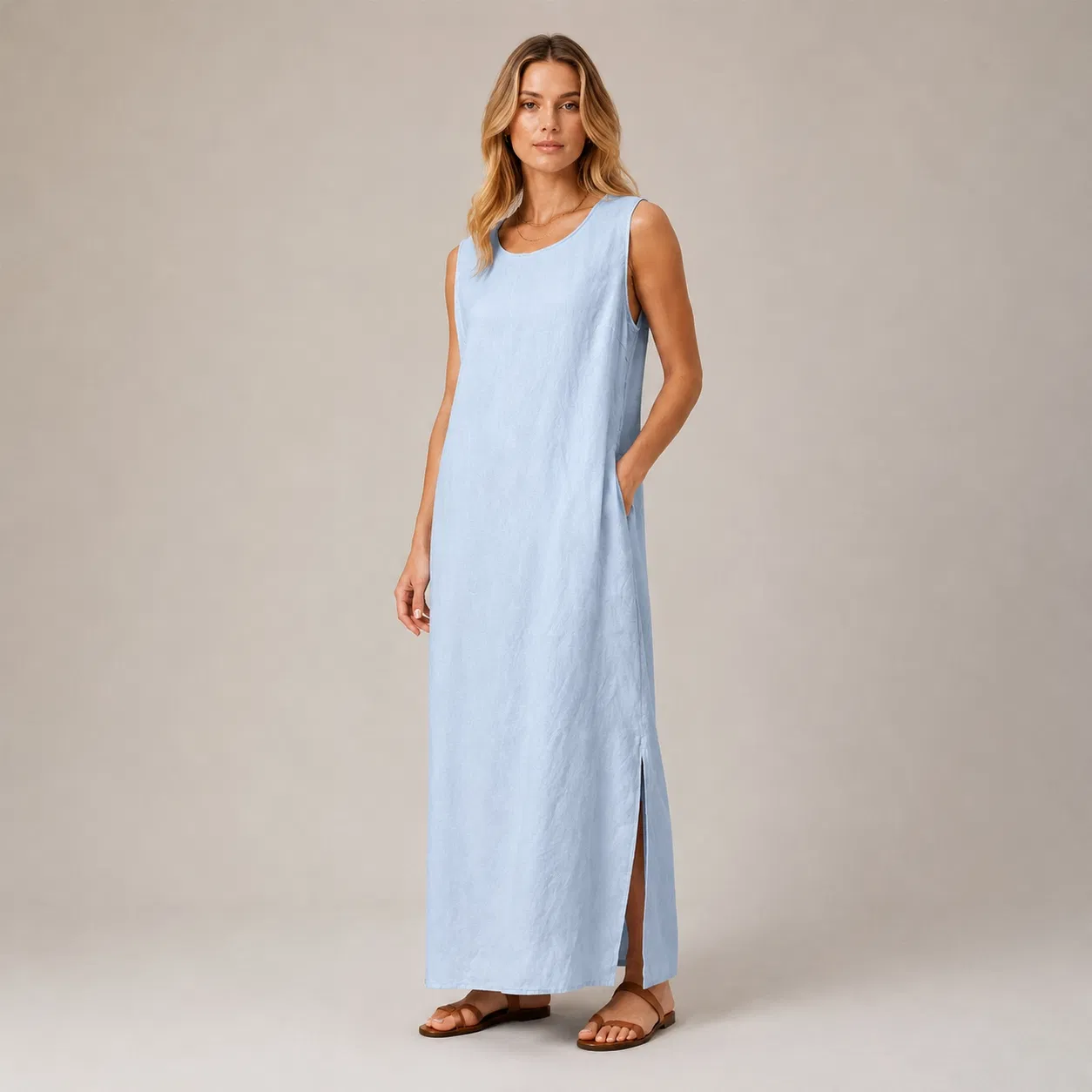 Vestido Longo Sem Mangas Lady Linen com Laço nas Costas e Fenda Lateral Roupas Casuais de Verão para Férias Atacado Personalizado