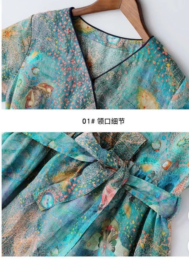 2020 Roupa de manga intermédia em V estampada para mulher em algodão com gola em V