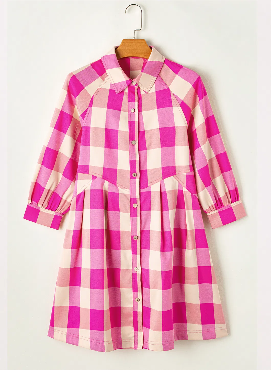 Camisa de Manga Bracelete com Gola Xadrez Vestidos Mini Flare para Mulheres Casual