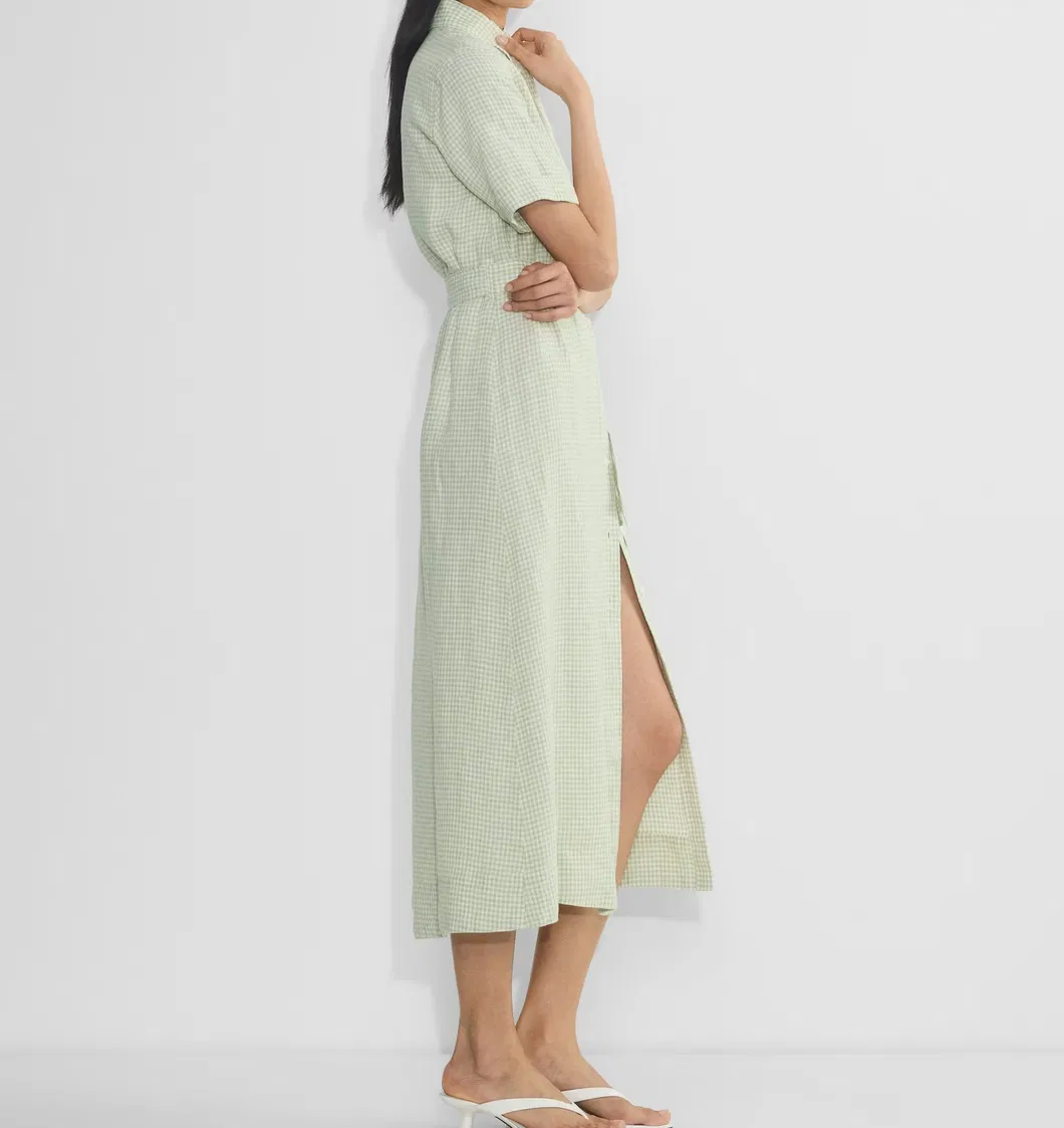 Vestido Casual Longo de Manga Curta com Cintura em Padrão de Cheque Verde Claro para Mulheres de Verão