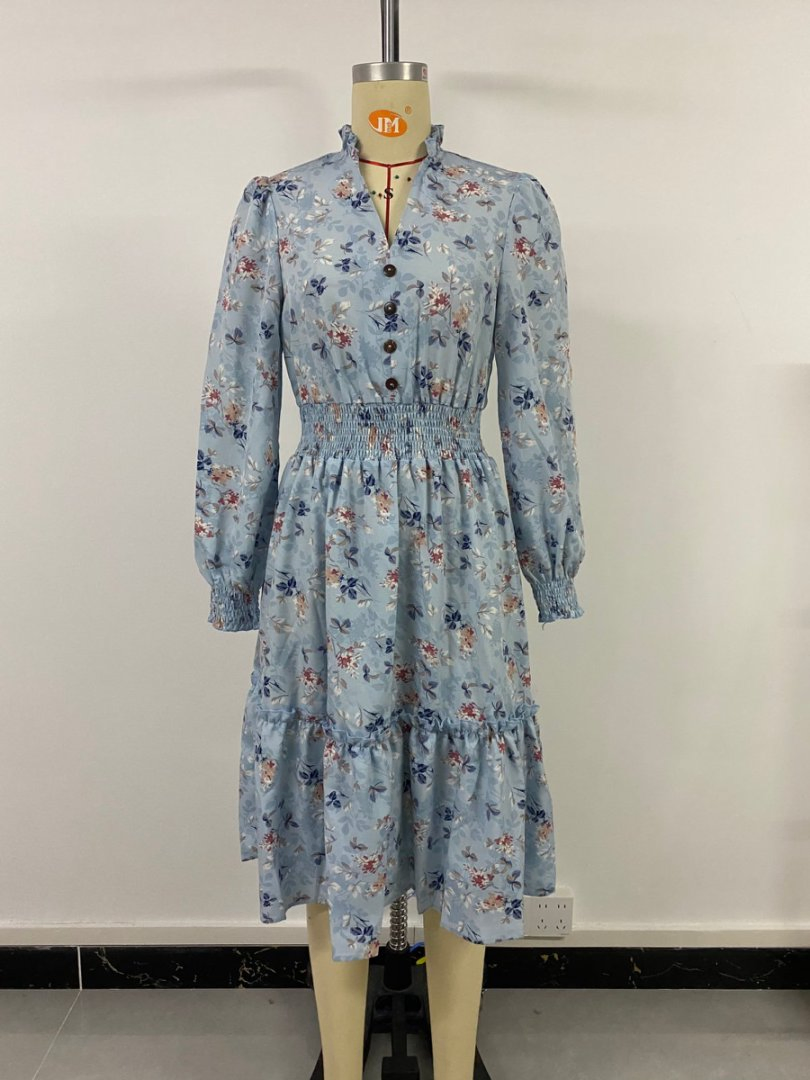 Vestido Floral Impresso de Manga Longa para Mulheres, Casual, Chic, Primavera e Outono, Roupas em Cores Múltiplas, Atacado