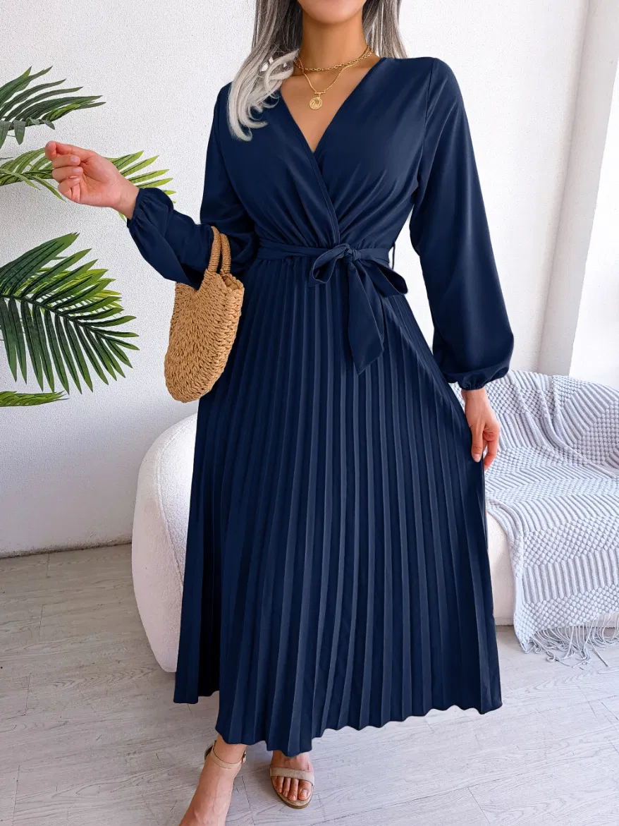 Vestido Elegante Feminino de Manga Longa com Decote em V e Cinto com Laço em Cor Sólida para Estilo Casual no Mercado de Moda Europeu