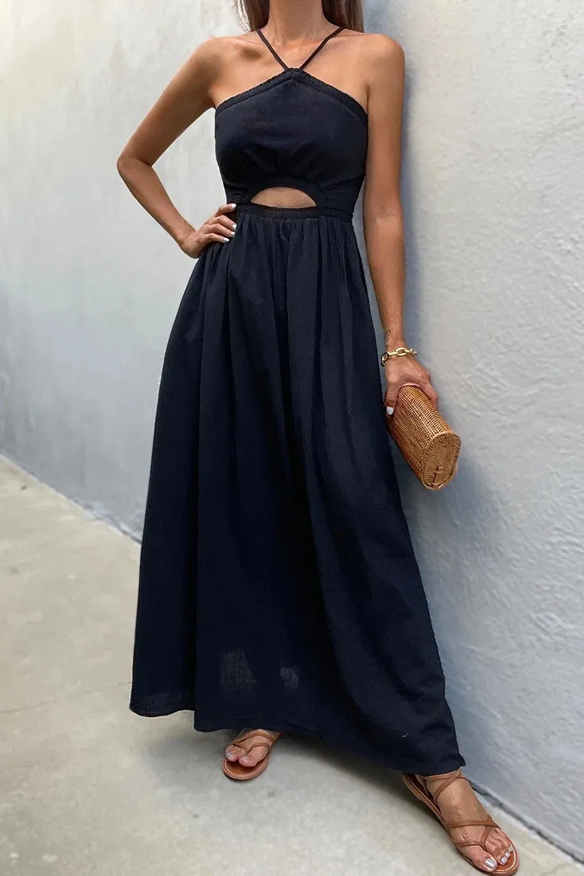100% Vestido Casual Maxi de Comprimento de Joelho com Alças de Espaguete Ajustáveis, Decote Halter, Recorte na Cintura, Franzido no Bust, e Bolsos Laterais