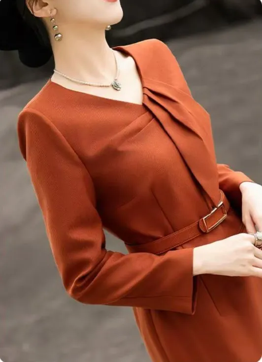 Novo Estilo Elegante Vestido Casual de Negócios Feminino de Manga Longa Laranja Corte Reto