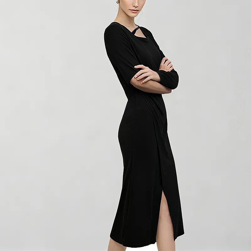 Vestido Casual Longo de Manga Longa com Gola Média e Decote Quadrado
