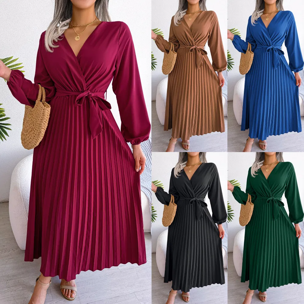 Vestido Elegante Feminino de Manga Longa com Decote em V e Cinto com Laço em Cor Sólida para Estilo Casual no Mercado de Moda Europeu