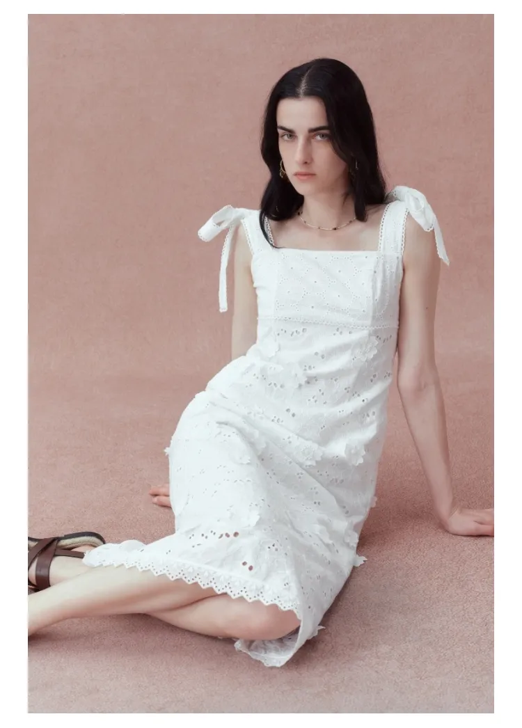 Vestido de Verão Feminino de Lazer Atacado Marca Algodão Bordado Tecido Laço no Ombro Vestido Longo para Uso Casual Diário