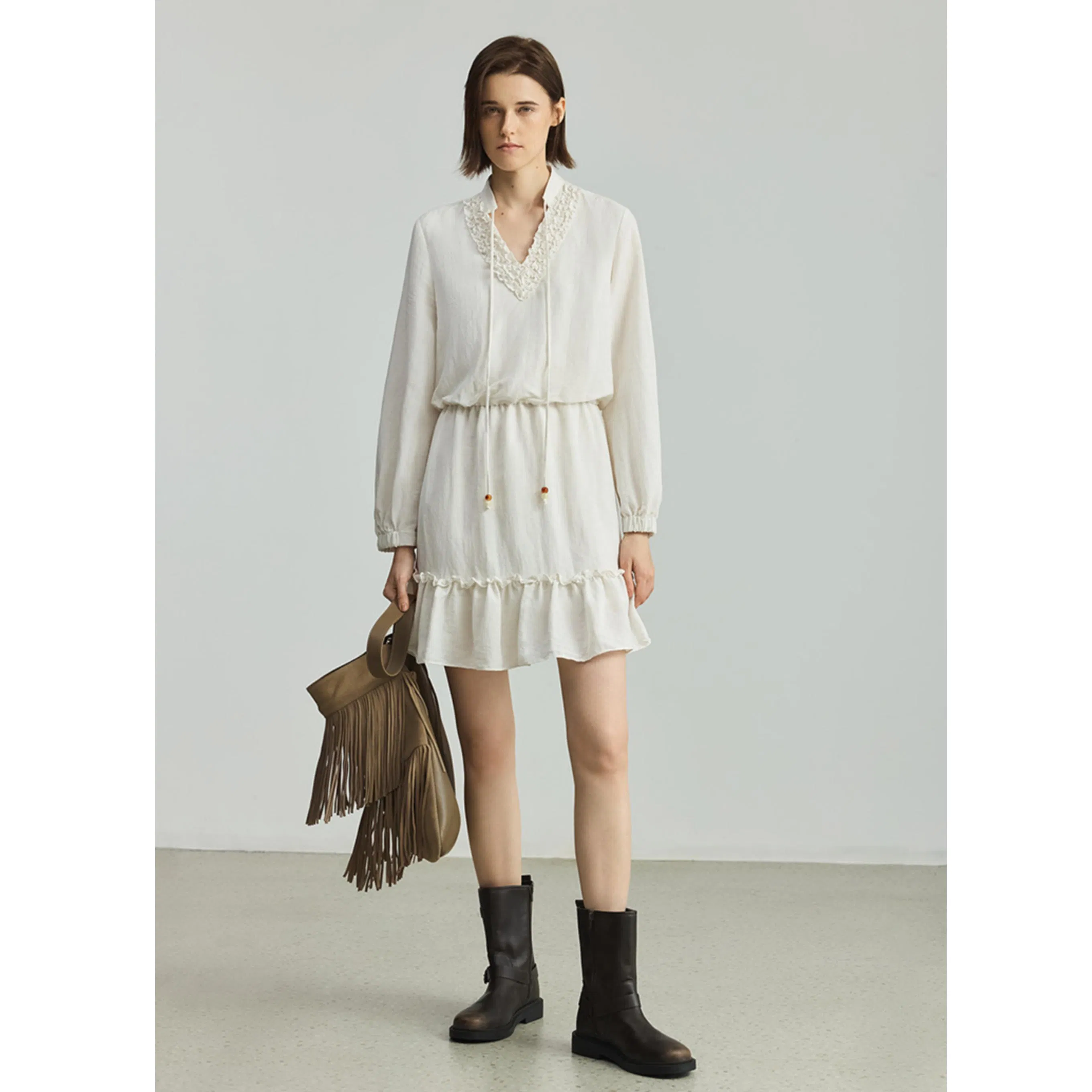 Vestido de Verão Feminino de Lazer Atacado com Saia de Babados, Cintura Elástica, Vestido de Camisa de Linho para Uso Casual e Oficial
