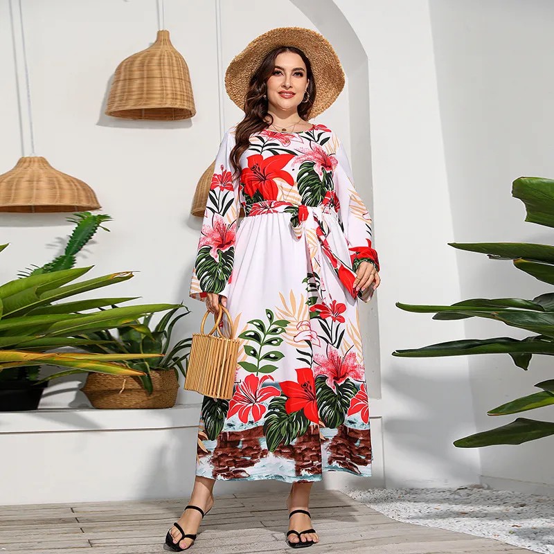Vestido Casual Floral de Manga Longa Plus Size para Mulheres Moda Vestido