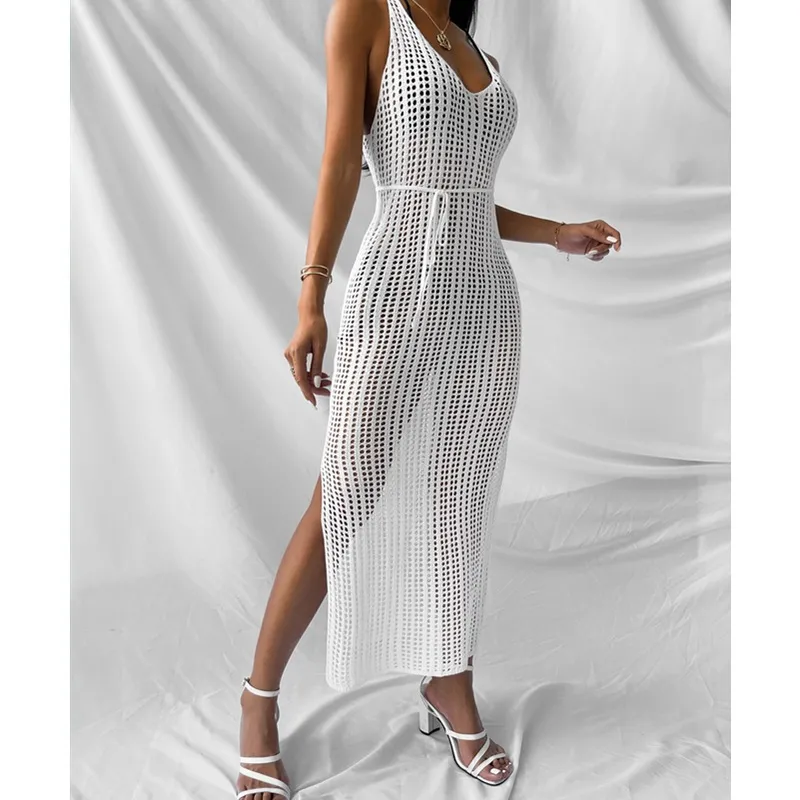 Vestido de Praia Tricotado Longo Ocasional Solto para Mulheres com Recortes Hollow-out de Verão