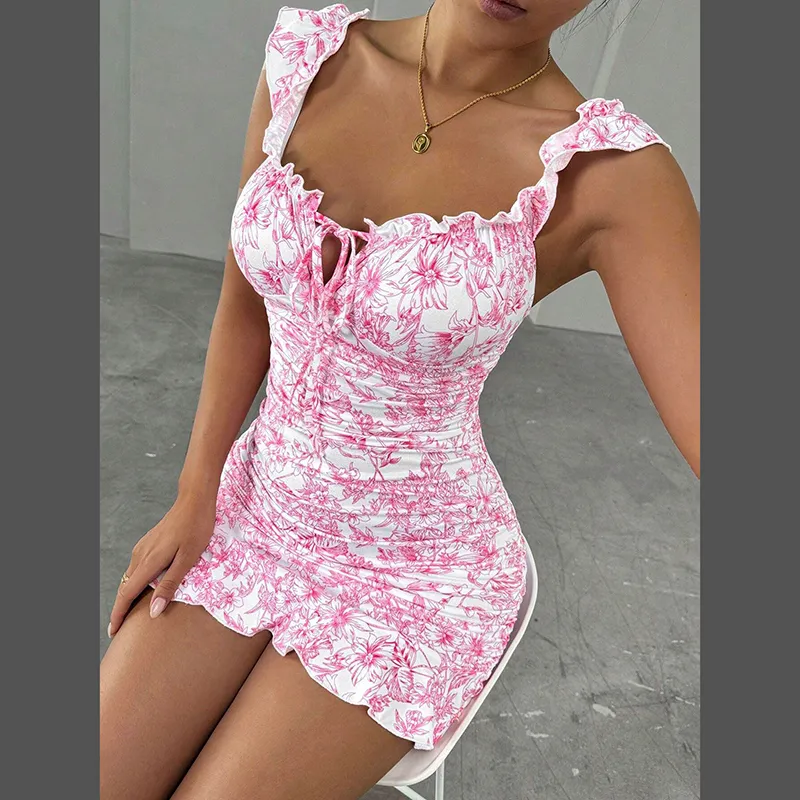 Vestido Curto Casual de Verão Elegante Boho com Mangas de Renda Personalizadas