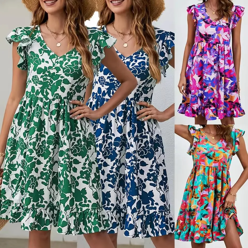 Vestido Casual Midi Feminino de Verão com Padrão de Folhas em Poliéster de Alta Qualidade, Decote em V, Com Babados, Mangas Curtas, Solto na Cintura, Estilo de Férias