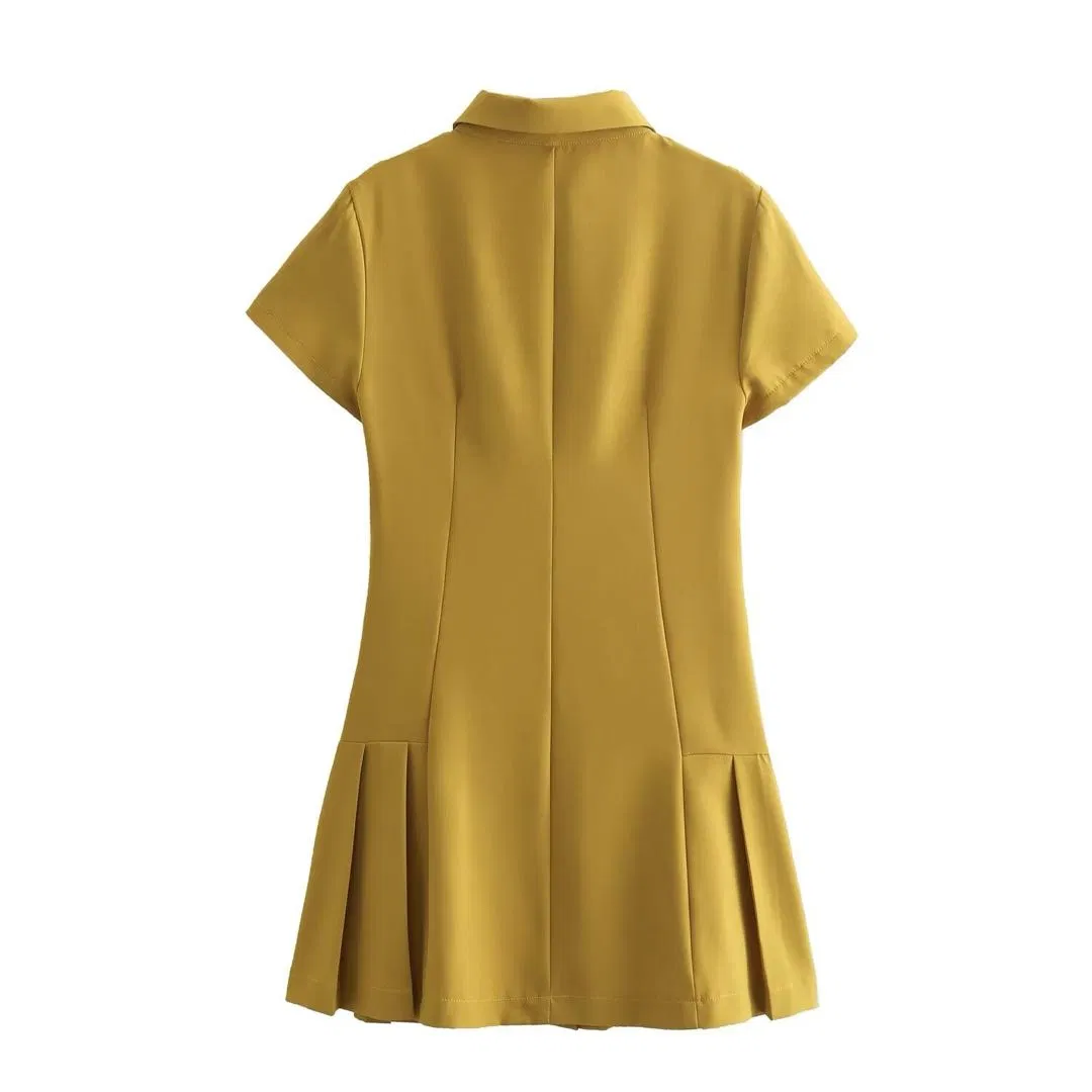 Vestido Camisa de Manga Curta com Botões e Barra Plissada Vestido Mini Casual para Mulheres Trabalho