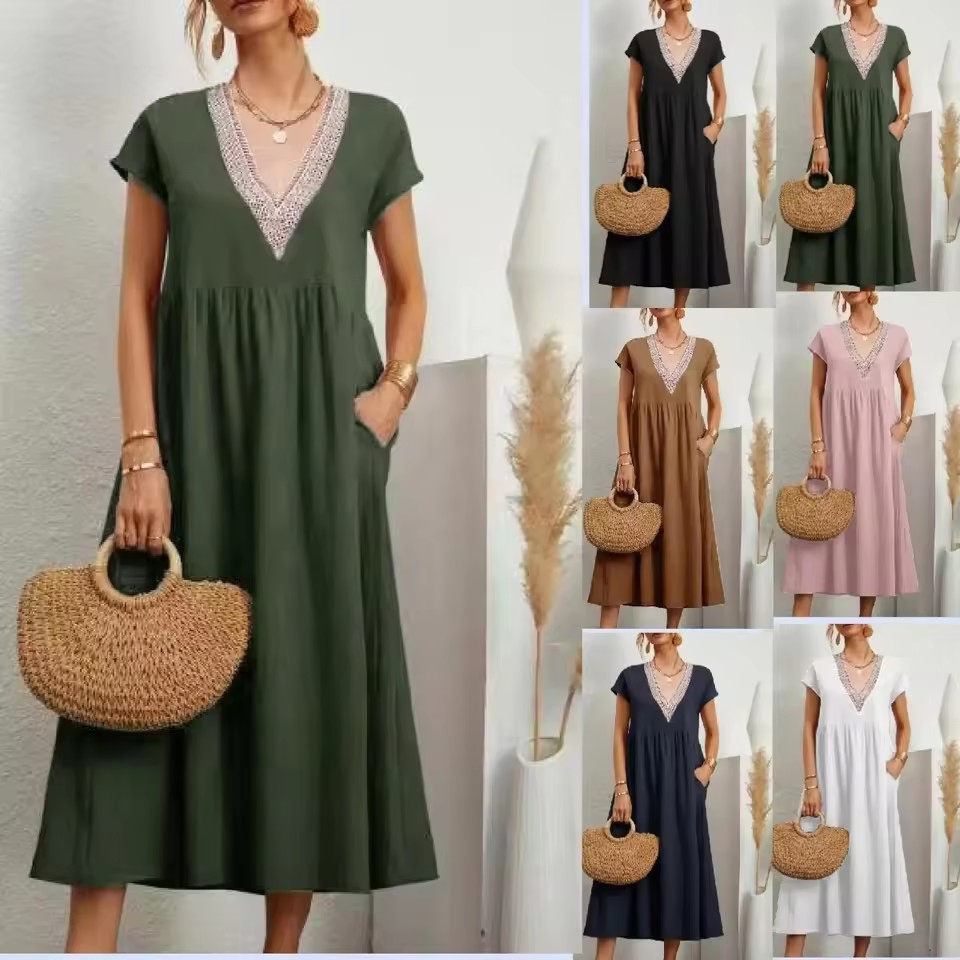 Vestido Casual Feminino de Alta Qualidade, Cor Sólida, Sem Mangas, Algodão e Linho, Solto, Vestido Midi, Venda Barata, Roupas Femininas