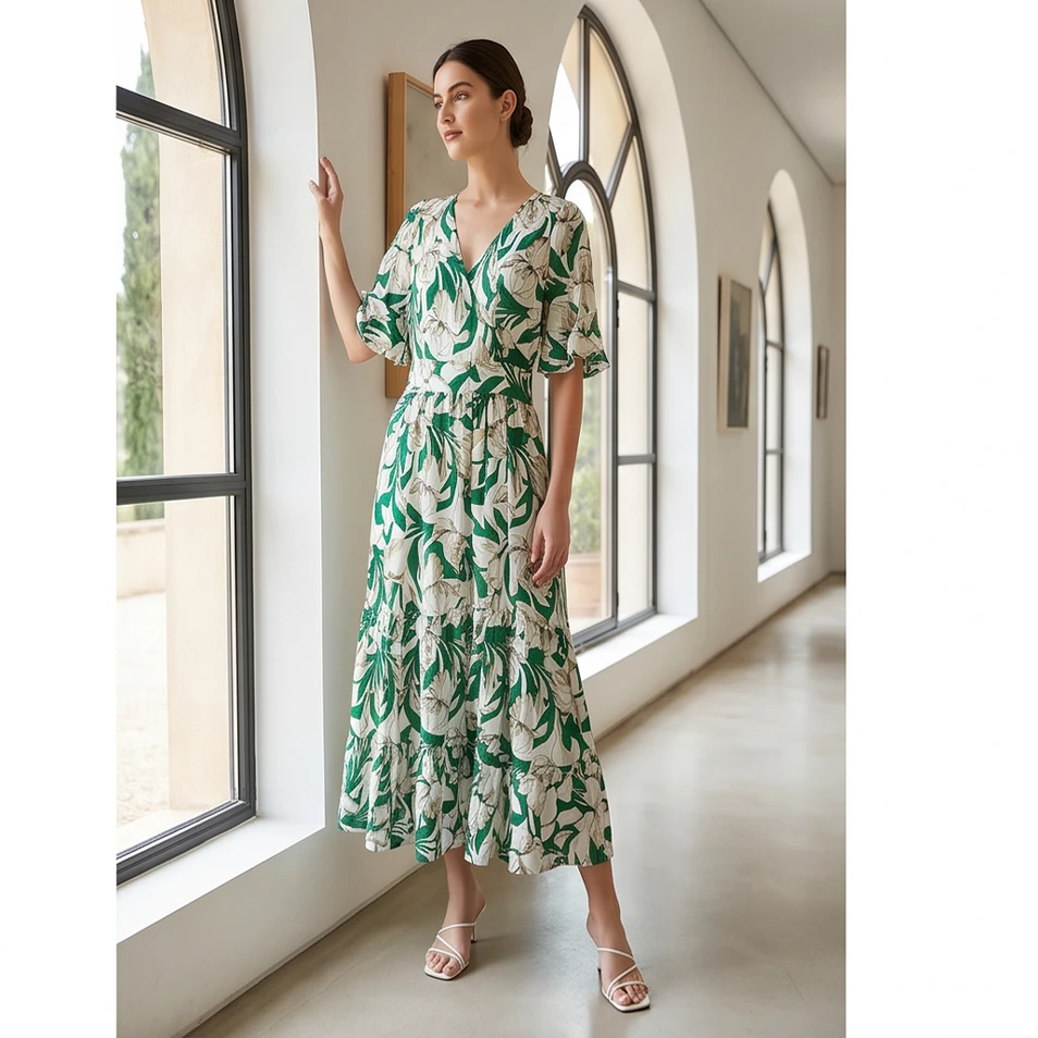 Vestido Midi Floral Verde Feminino com Decote em V, Mangas Curtas e Largadas, Cintura Império, Camadas de Renda, Vestido Longo Casual de Verão, Estampa Boho, Vestido Flowy para Férias
