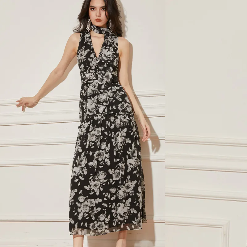 Último Vestido Longo Casual Vintage para Mulheres, Vestido Maxi de Chiffon Floral Estampado para Praia Boho