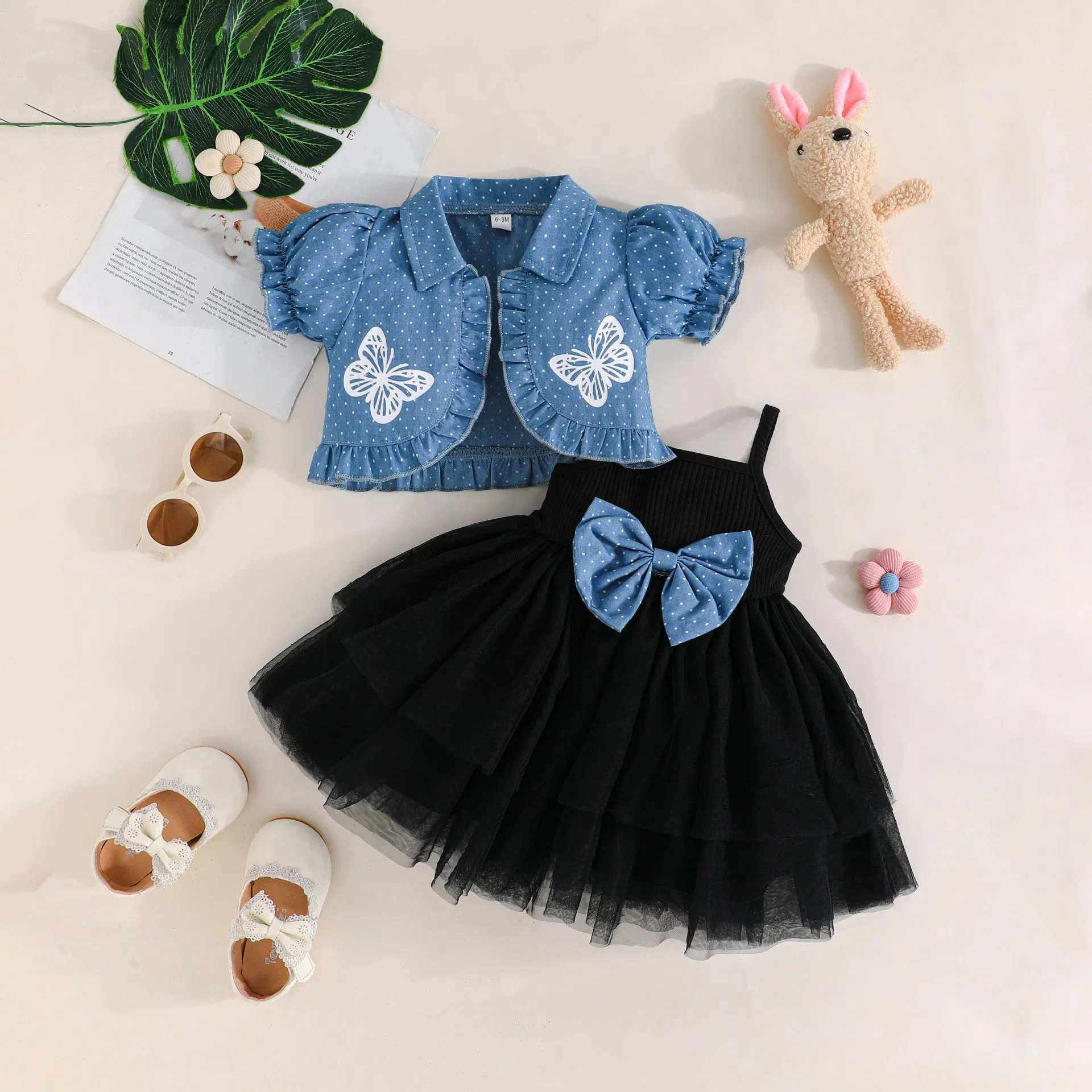 Conjuntos de Roupas de Bebê Vestido para Menina Casual Jaqueta Cowboy de Manga Curta Vestido de Malha com Flores Vestidos para Meninas