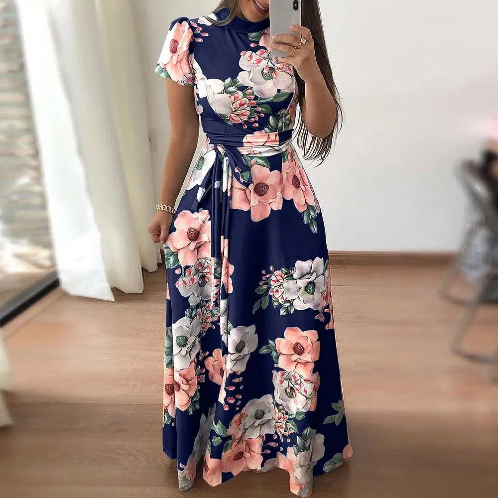 Fabricante de Roupas OEM Conjunto de Saia Longa Casual Feminina de Verão Estampada Floral Boho Vestido Maxi de Gola Alta Bandagem Vestidos Elegantes