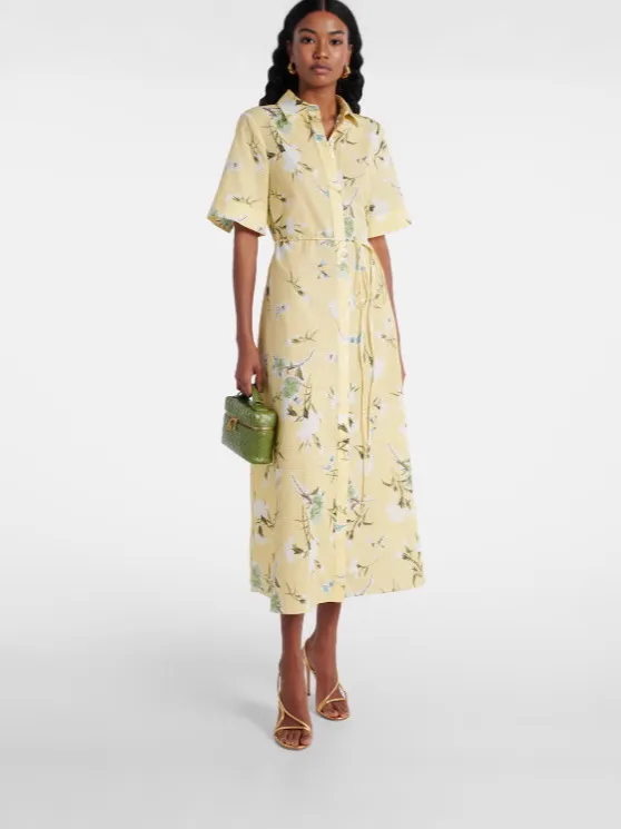 Vestido Midi Camisa Floral Amarelo para Mulheres com Mangas Curtas e Cinto Amarrado Casual para o Verão