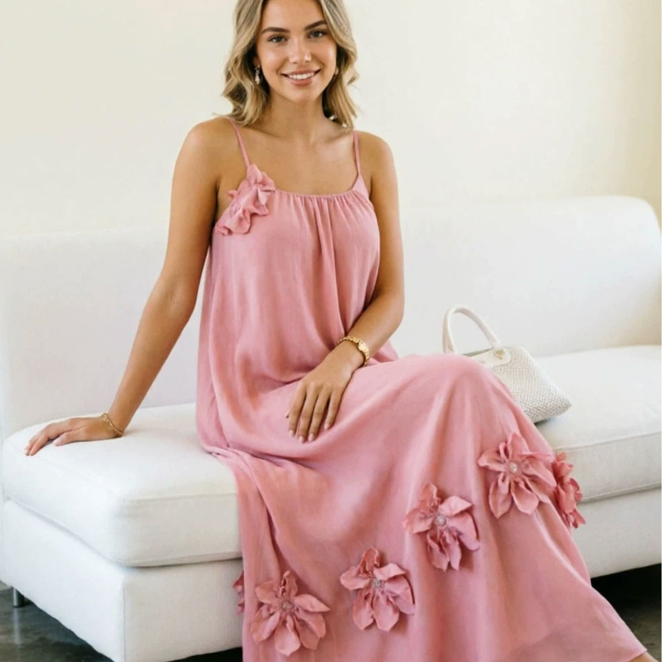 Vestido Floral Elegante para Mulheres Primavera Verão Casual Decote Redondo Manga Longa Elegante Alça de Espaguete Solto Cor Sólida 3D Vestido de Flores Vestido