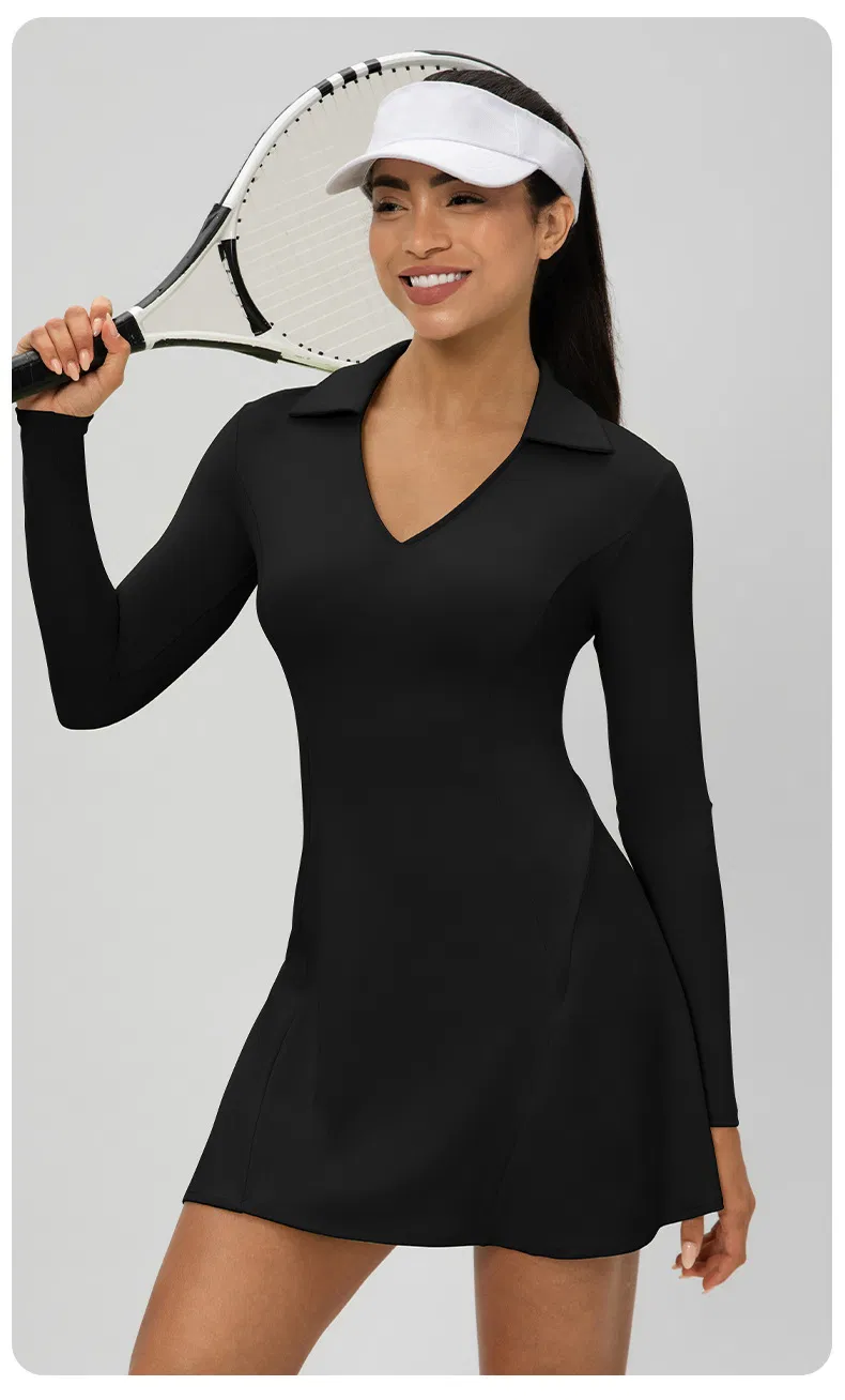 Vestido de Tênis de Manga Longa com Lapela, Secagem Rápida, Decote em V, Vestido Casual Esportivo Feminino