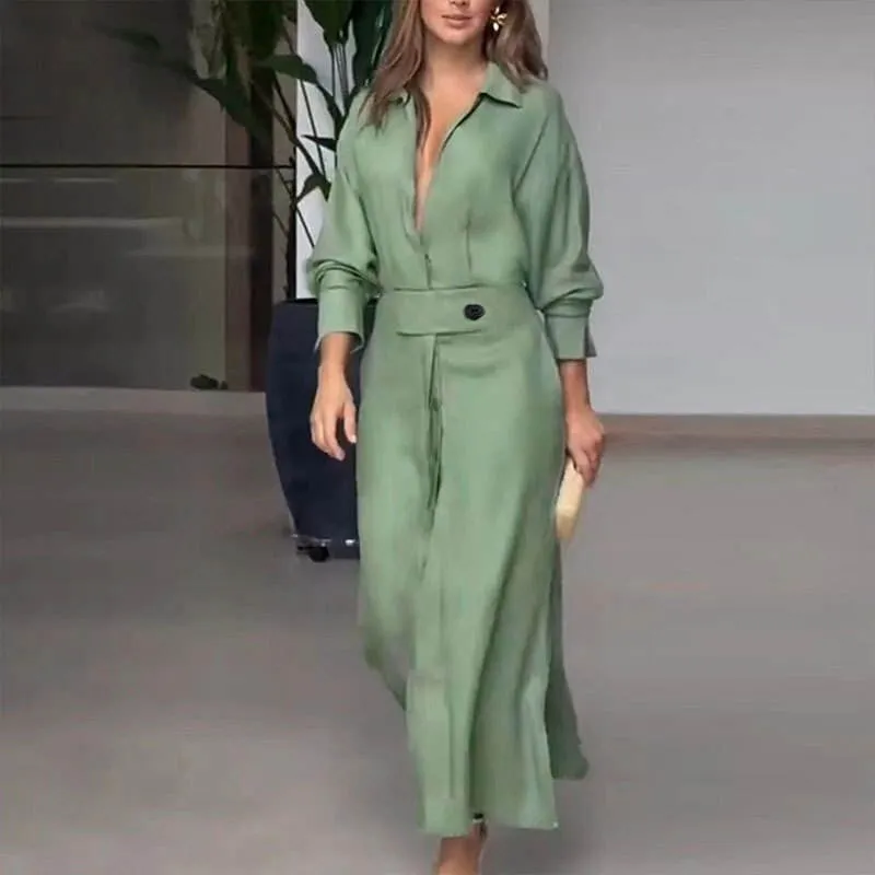 Vestido Camisa Feminino Sólido com Fenda Personalizável Casual Decote em V Manga Longa com Bolsos Saia Longa Vestido de Rua para Mulheres