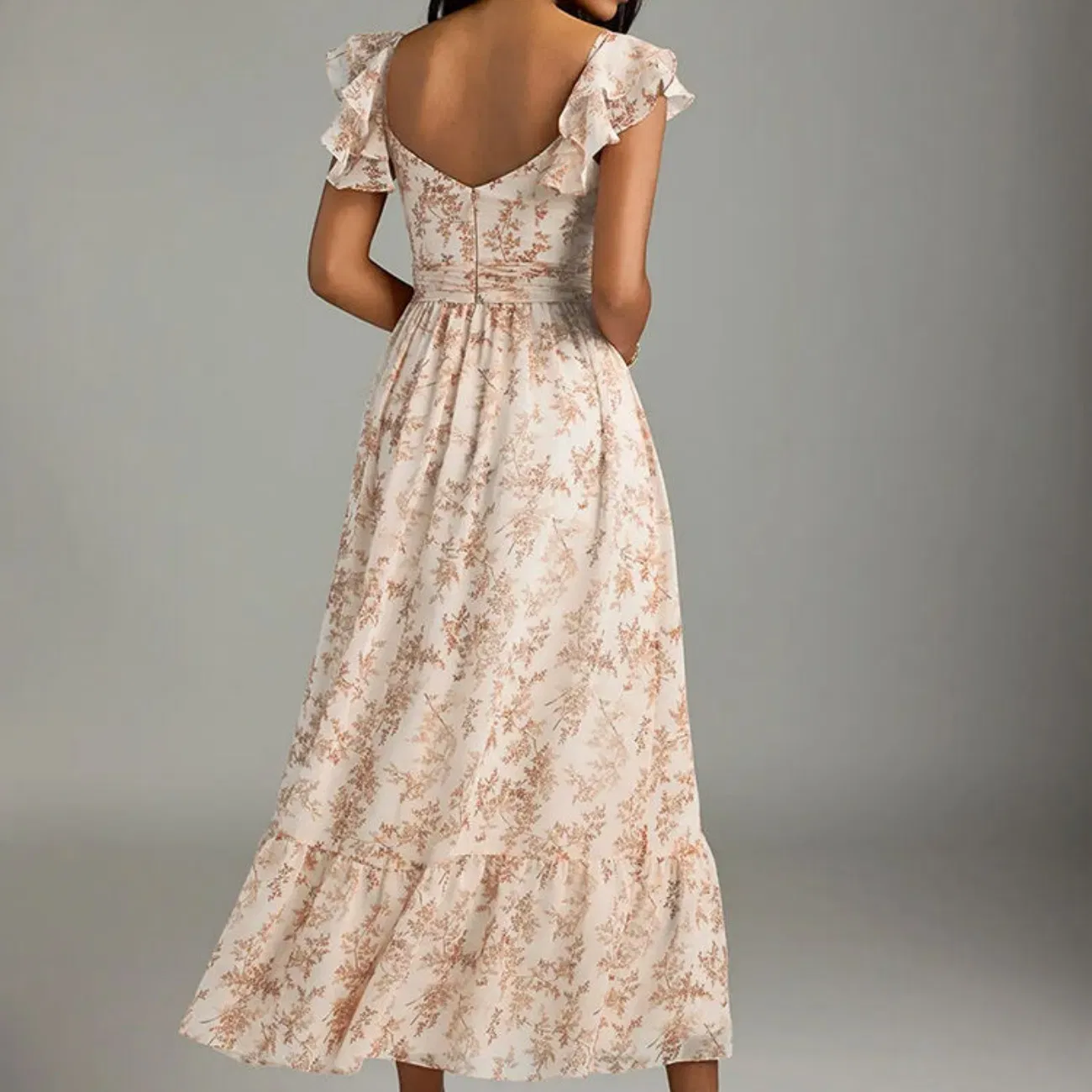 Fabricante de Roupas OEM Vestido Maxi Casual de Verão A-Line com Rendas, Cintura Elástica, Decote Coração e Impressão Digital Pink Fern Floral