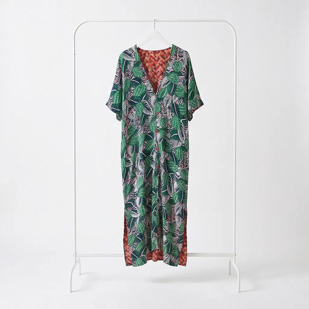 Vestido Midi Casual de Manga Curta com Decote em V Feminino Estampa de Folhas de Cacto Tropical para Férias