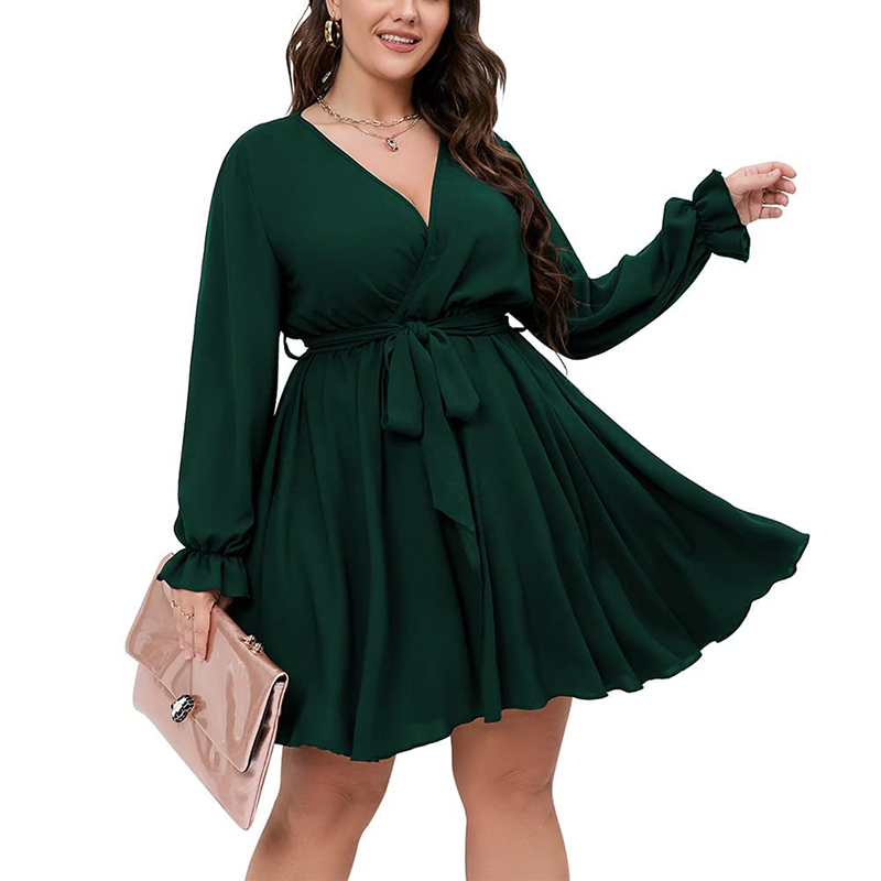 Vestido Mini Curto A Linha com Decote em V para Mulheres, Vestido Casual Diário Elegante de Manga Longa para Primavera Verão por Atacado