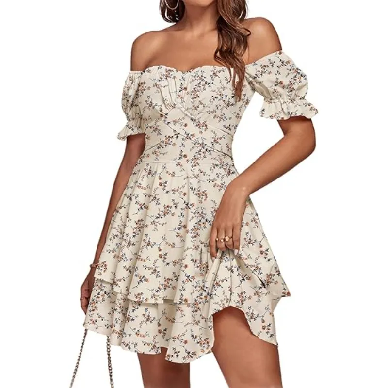 Vestido casual de manga curta em camadas, plissado, estilo envolvente, com amarração nas costas e ombros à mostra