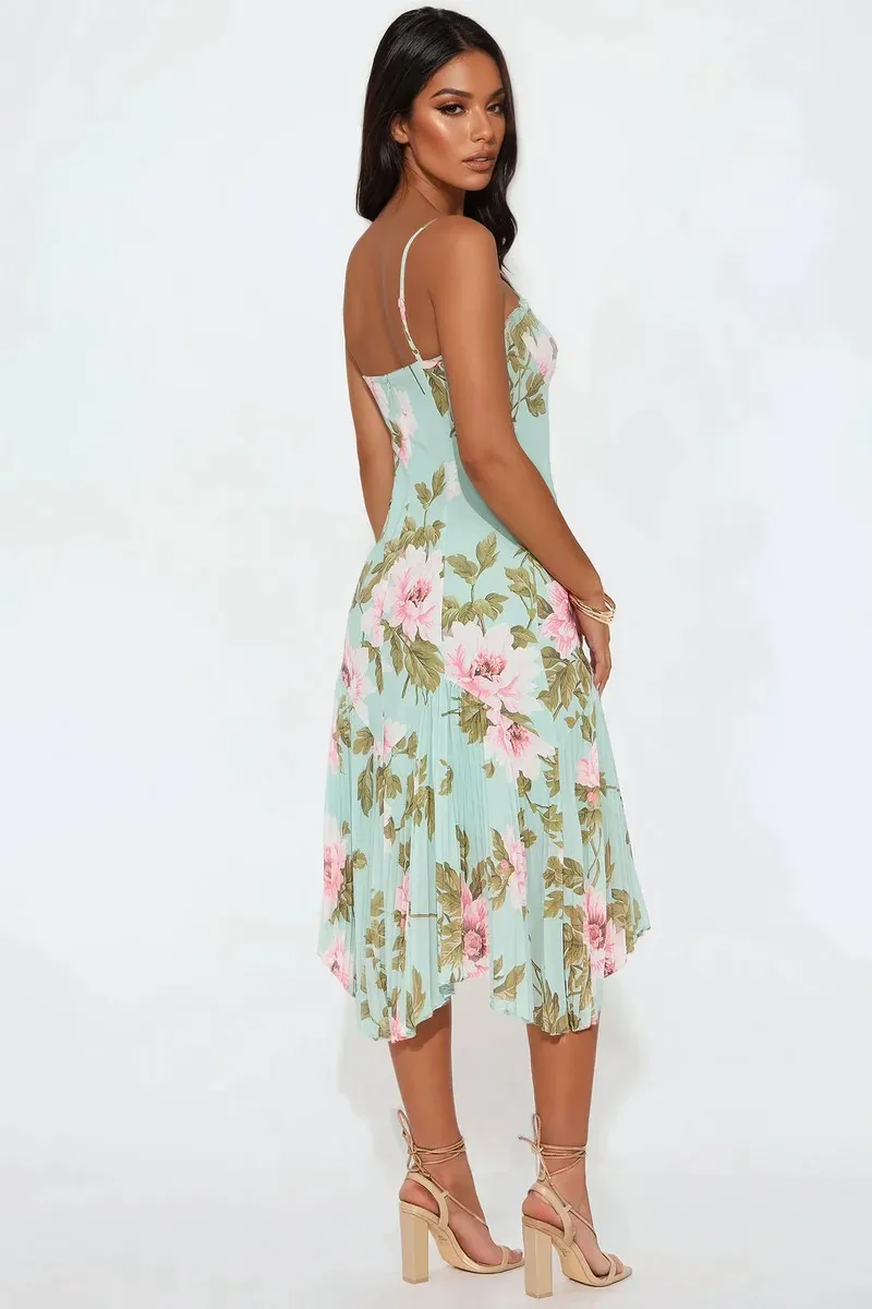 Vestido midi de alças finas com estampa floral em verde menta