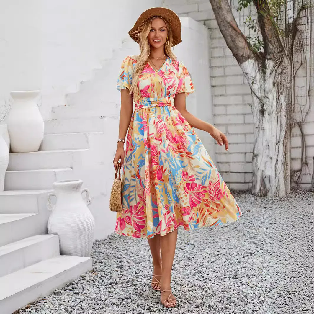Vestido V-de-Corte de Manga Curta Estampado Casual de Verão para Mulheres, Estilo Fresco
