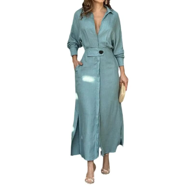 Vestido Camisa Feminino Sólido com Fenda Personalizável Casual Decote em V Manga Longa com Bolsos Saia Longa Vestido de Rua para Mulheres